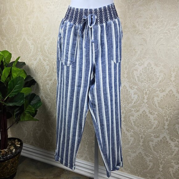 Sincerely Jules Sz S Blue White Striped Linen Blend Pants Elastic Smocked Waist - Picture 1 of 12